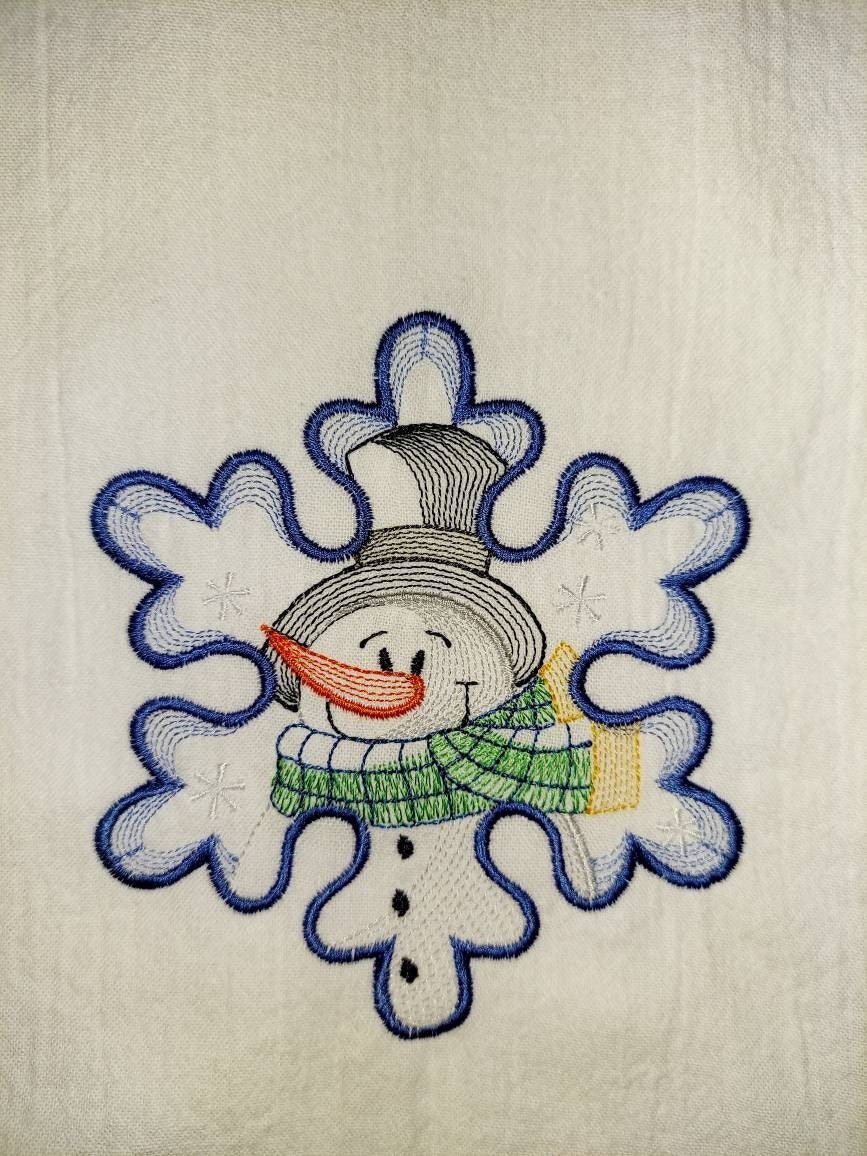 Snowman with Green Scarf in Snowflake Tea Towel #customized #handtowels #custom #kitchentowel #kitchentowels #towels #towel #embroidered #handmade etsy.me/3F4hvqZ
