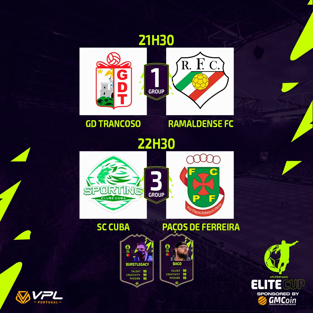 VPLlPortugal's tweet photo. 🏆 GMCoin Elite Cup

TONIGHT WE HAVE DOUBLE THE TROUBLE!

📆 09/011/2021
🕘 21:10
⚽️ Group 1 and 2
⚔ @EsportsTrancoso x @RamaldenseSport 
⚔ @SCCubaeS x @FCPFeSports
📺 https://t.co/udBuJbyjrl
👥
@Baco23_Oficial
@Burstlegacy 
🎬 @37Xvirus 

@coin_gm $gmcoin #thelastdance #PS4 https://t.co/iMFcluQcJc