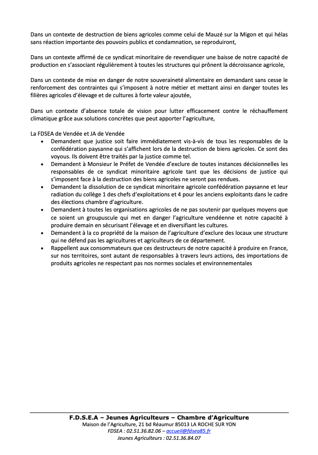 [🛑 Communiqué de presse] 
La FDSEA de Vendée et <a href="/JAVendee/">JA de Vendée</a> apportent tout leur soutien aux agriculteurs, porteurs du projet de la réserve d’eau de Cram-Chaban détruite et leur adressent l’expression de la solidarité professionnelle vendéenne tout entière 🔽