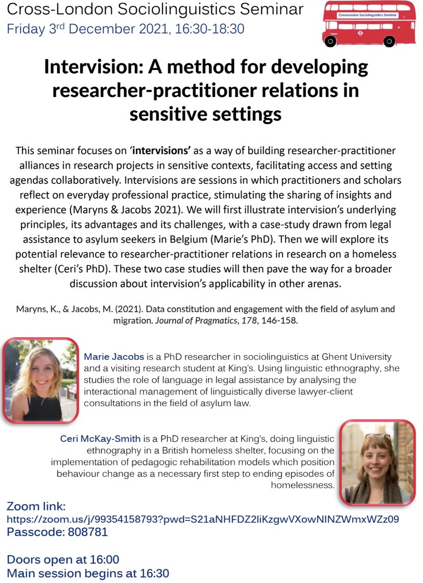 The next <a href="/clsociolingsem/">CLSS</a> Cross London #Sociolinguistics Seminar will take place on 3rd December, and will focus on methods for developing researcher-practitioner alliances in sensitive/vulnerable settings. See below 👇