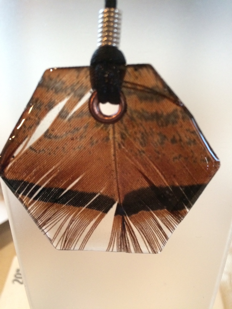 MarijoSwick's tweet photo. Some time ago I got a bunch of wild turkey feathers from a lovely gentleman who visited my studio. We had a great chat about the different feathers and the wild turkeys. I had no idea how iridescent they were! I began making pendants like this one, capturing them in resin. https://t.co/cN42pWETcm