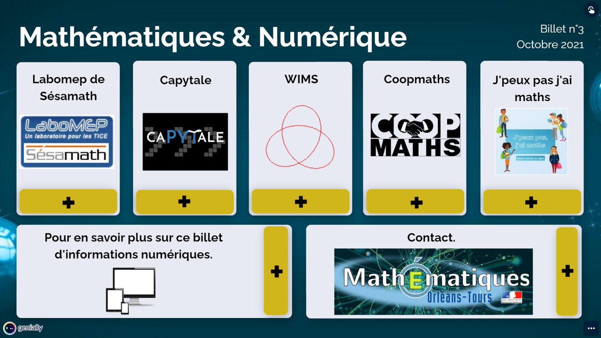 maths_ot's tweet photo. 🆕 Le 3⃣ème billet #numérique de la #IAN #mathématiques de l'@ac_orleanstours est en ligne !
🔸 #Labomep de @sesamath
🔸 #Capytale dans #netocentre
🔸 #Wims
🔸 @CoopMaths_fr
🔸 @JePeuxPasGMaths
👉 https://t.co/uUXADRAMvC
@eduscol_maths @Drane_ot @Edu_Num https://t.co/QBuMjC3Y16