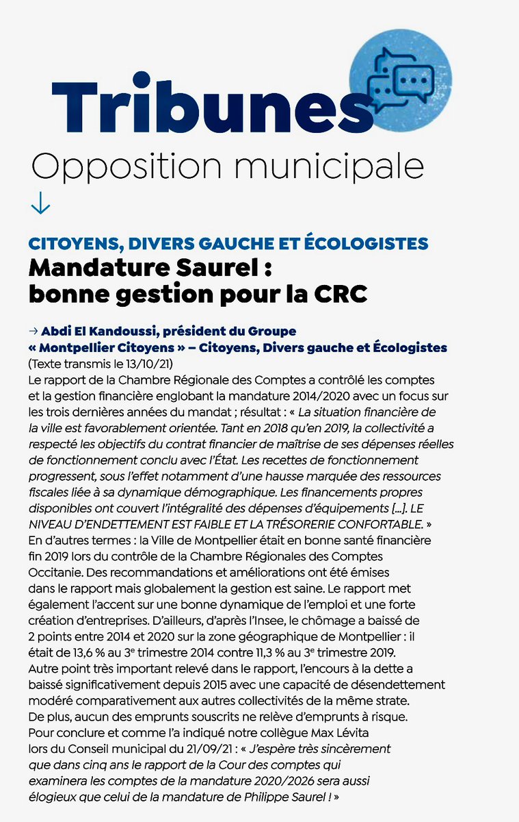 Phil_Saurel's tweet photo. Tribune dans le journal de la ville :
Mandature #Saurel :
La chambre régionale des comptes valide une bonne gestion de la ville
@AbdiElkandoussi #MaxLevita
@montpellier_
@crcoccitanie https://t.co/QcU5wgYcxe