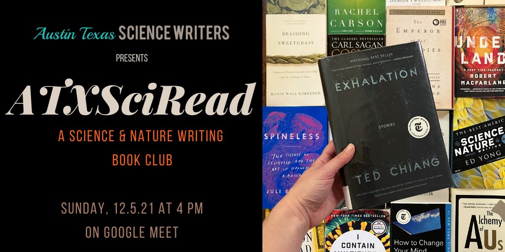 atxscicomm's tweet image. Join #ATXSciRead next month for our annual science-in-fiction read. We'll be discussing Ted Chiang's celebrated short-story collected #Exhalation DM us for a  mtg link, and grab yr copy from @BookPeople #ATXEvents #SciComm