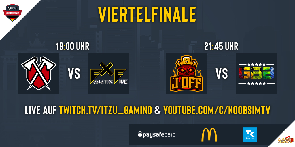 Wer folgt <a href="/rpg_coc/">Repotted Gaming</a> und <a href="/ATNattax/">ALTERNATE aTTaX</a> ins Halbfinale? <a href="/ClashOfClansDE1/">Clash of Clans DE</a> #ESLMeisterschaft #ClashOfClans

🆚 <a href="/TribeGamingCoC/">Tribe Gaming CoC</a> - FxF
🆚 <a href="/JOFF_Clan/">J’ Off</a> - GBB

📺 twitch.tv/itzu_gaming
📺 youtube.com/c/NoobsiMTV