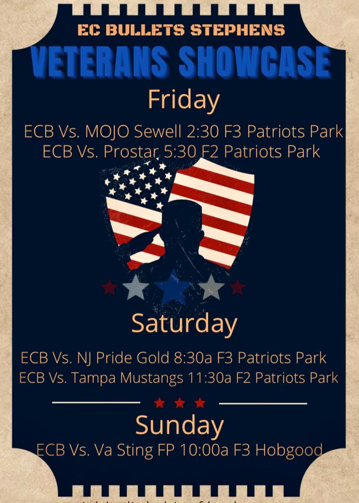 Here is our schedule for the Veterans Tribute Showcase. Hope to see you there. <a href="/EastCobbBullets/">EC Bullets Fastpitch</a>