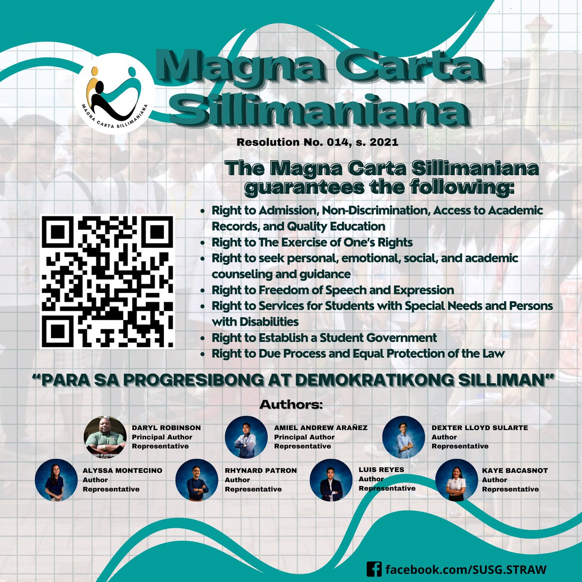 susgstraw's tweet photo. 𝐒𝐜𝐚𝐧 𝐭𝐨 𝐊𝐧𝐨𝐰 𝐲𝐨𝐮𝐫 𝐑𝐢𝐠𝐡𝐭𝐬 𝐚𝐬 𝐚 𝐒𝐢𝐥𝐥𝐢𝐦𝐚𝐧𝐢𝐚𝐧!
 
The Magna Carta for Students' Rights of Silliman University is a document that codifies policies that protect and promote student welfare and interests.

[Link to Magna Carta]
https://t.co/YQe8YWn06G https://t.co/Lf5lQvMETq