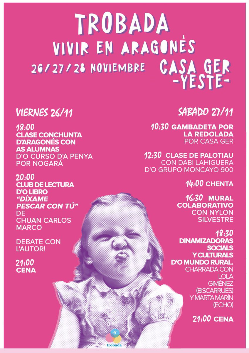 trobada_'s tweet photo. Buen día chent! 🙃
Tenebanos muitas ganas d'amostrar-vos a programación d'a #Trobada d'o viernes y sabado ✨ Amás, o domingo compartiremos espacio con o #Capazo de @redolada_red 🧺
Paratz cuenta que ye muit important inscribir-se pa poder venir-ie. 🗓🗳
https://t.co/t3W9YnQ5EK https://t.co/bIrxZLOyQF