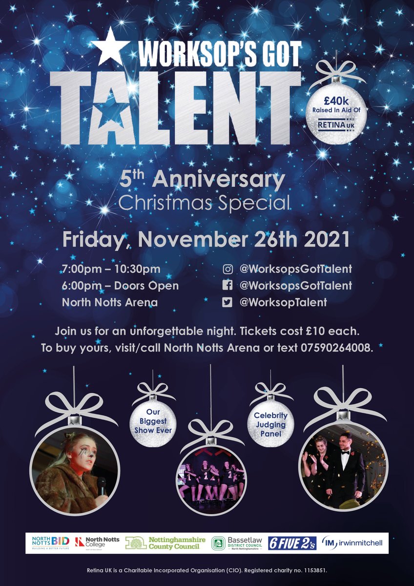 We’re proud to be sponsoring this year’s <a href="/WorkSopTalent/">Worksop's Got Talent</a> 5th Anniversary Christmas Special. On Friday 26 November join us alongside a celebrity judging panel for an unforgettable night. 

Visit/ call <a href="/worksoparena/">North Notts Arena</a> to buy your tickets now. #CharityTuesday