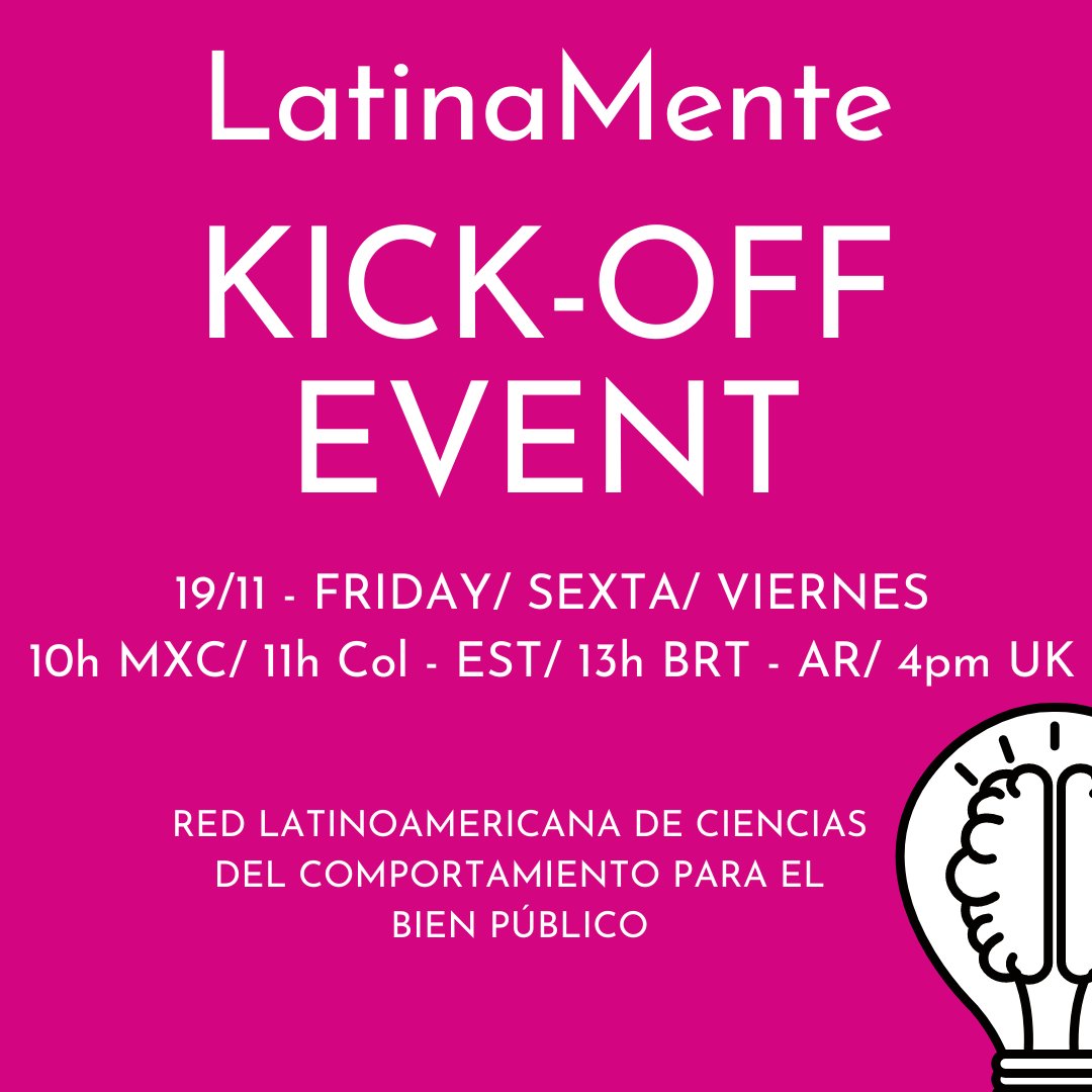 RedLatinamente's tweet photo. Exciting news!!!
We're thrilled to announce the LatinaMente network's kick-off event, which will happen on Friday, Nov-19. 
More information soon! Subscribe to the event and get your (free) membership by signing up here: 
https://t.co/NsuSrARavI
#nudgeforgood #behavioralsciences https://t.co/cPlEbIoLie