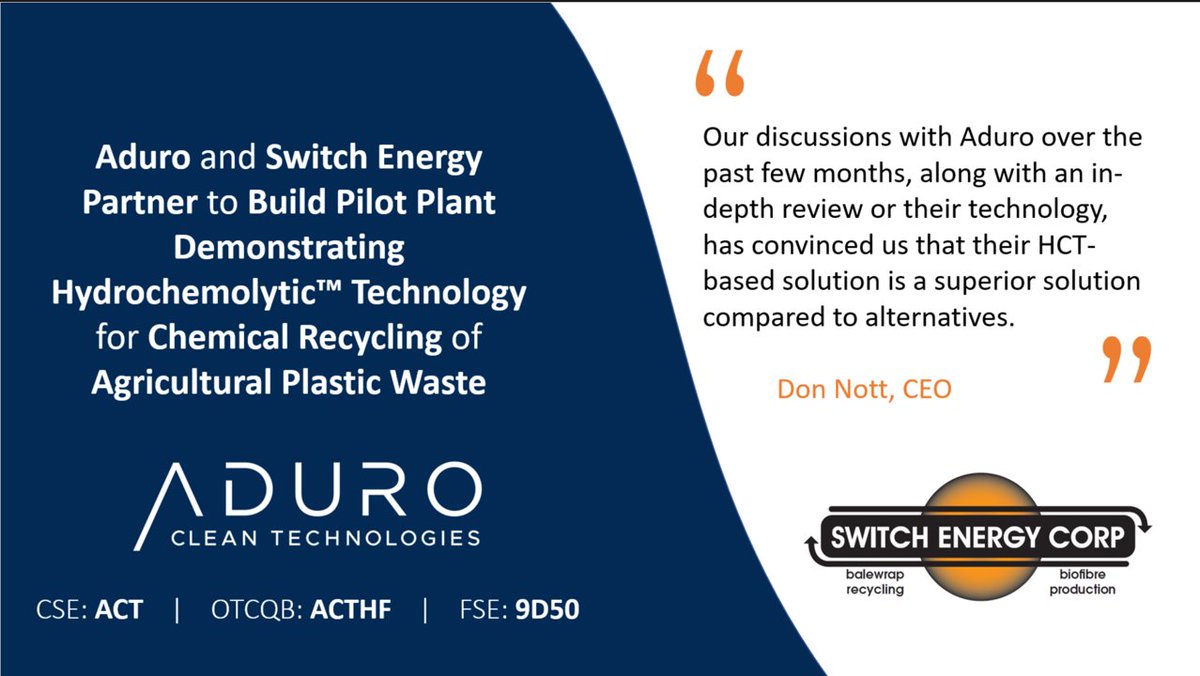 Aduro and Switch Energy Partner to Build Pilot Plant in Ontario, Canada adurocleantech.com/company-update… #COP26 #ChemicalRecycling #AgriculturalWaste #Plastic @AAFC_Canada @OMAFRAinnovates @OMAFRA @CFAFCA @Cleanfarms