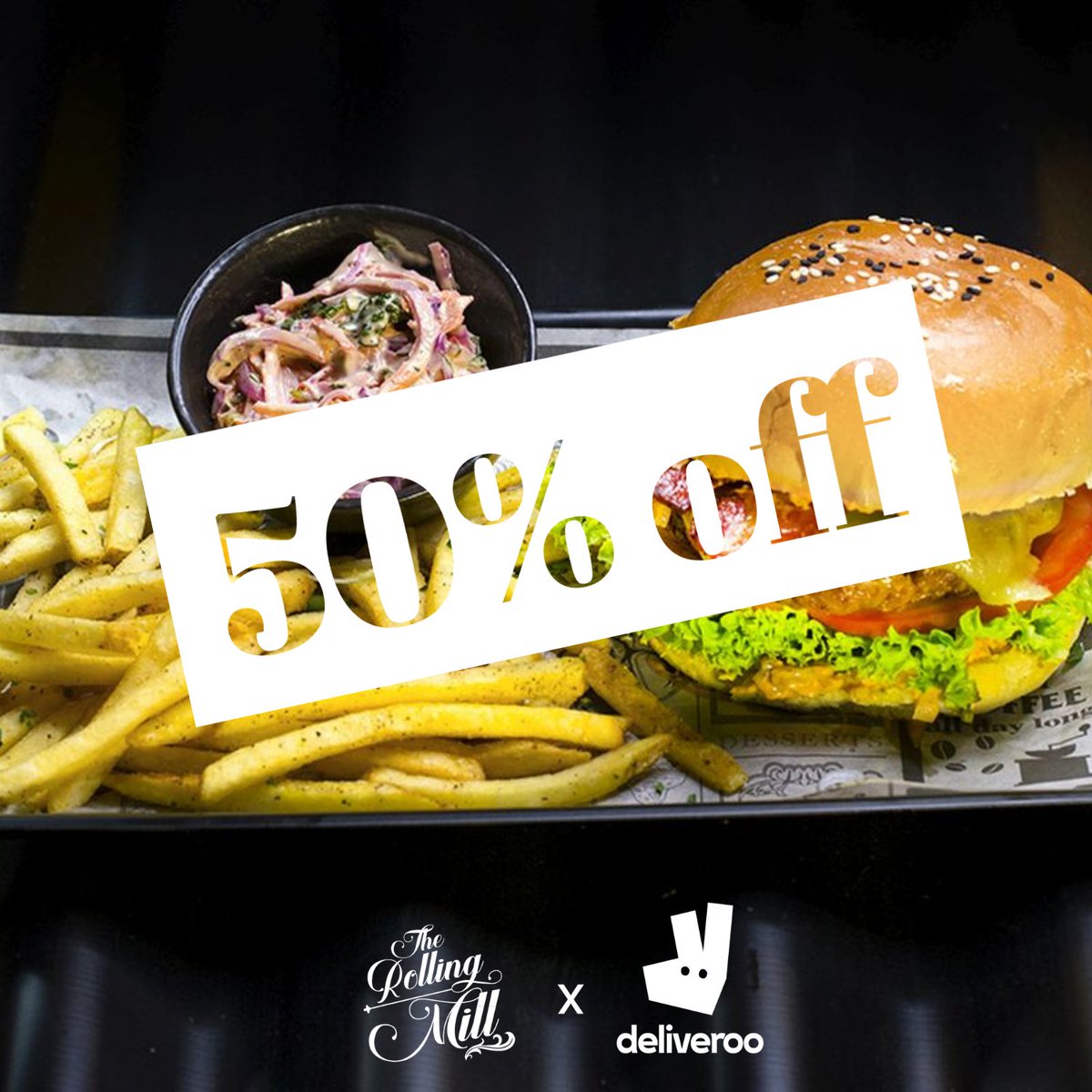TUESDAY TREAT 🤭
 
We at the Rolling Mill have decided to upgrade our deal to 50% off on All Deliveroo Orders!! (T&amp;C’s apply)
 
We thought that 30% discount wasn’t good enough for our customers 😉 
 
Enjoy 50% off on us on All Deliveroo Orders for a Limited Time Only  🎉