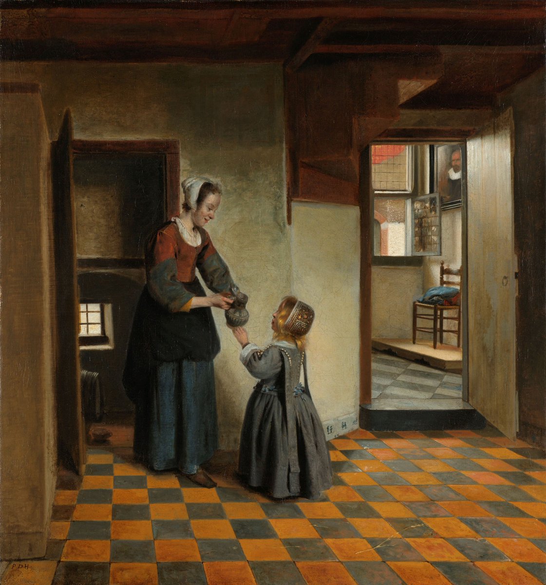 rijksmuseum's tweet photo. Did you know Pieter de Hooch and Johannes Vermeer worked in Delft at the same time? They were both fascinated by how to render light and space. Here, De Hooch represented a space by means of two ‘throughviews’ windows): one into the cellar, the other into the entrance hall. 🪟 https://t.co/mEBhChhtIT