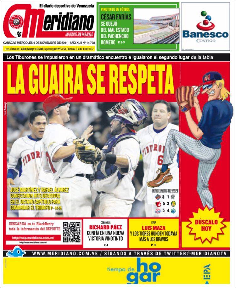tiburonmusiu's tweet photo. "LA GUAIRA SE RESPETA" en titulares de prensa
.
📰 Diario Meridiano (9/11/2011)
#JustinFriend #EdwinBellorin #RainerOlmedo #RafaelAlvarez #LaGuaira #Tiburones #PaEncima #CajonDeTiburon https://t.co/hzq8CDMDJ1