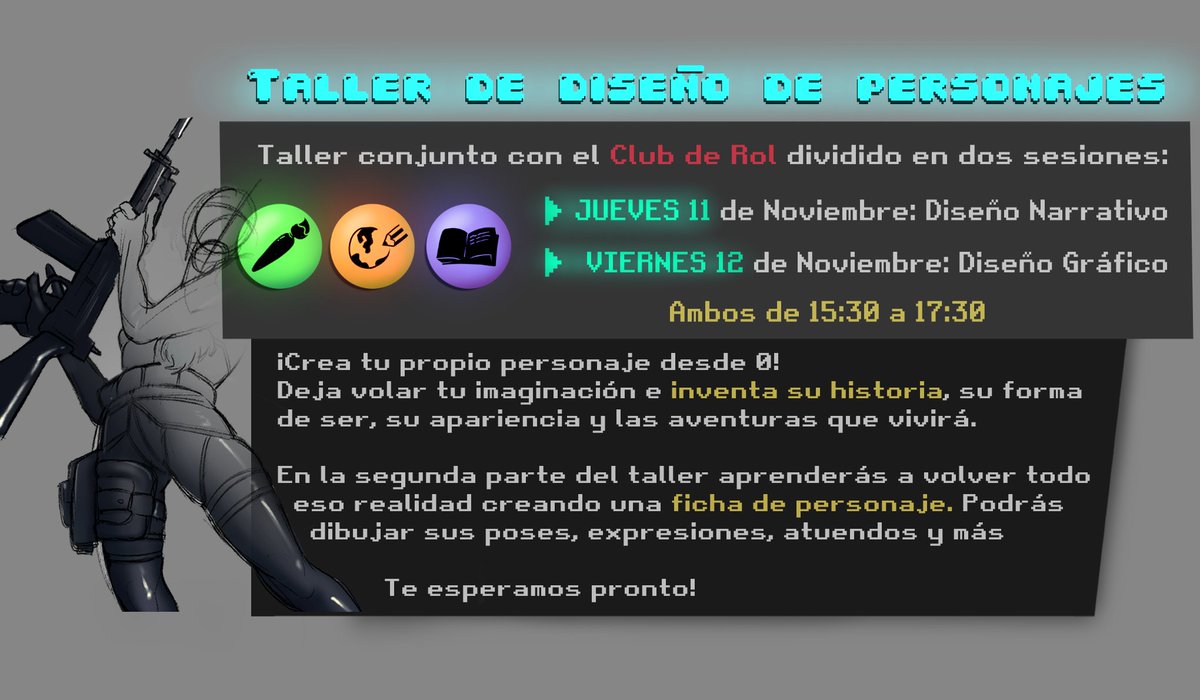 uegamestudio's tweet photo. ¡Buenos días a tod@s!

Venimos a anunciar el primer taller del año.

Este taller será en colaboración con el Club de rol UEM.

En este tendrán la oportunidad de poder crear un personaje desde 0 tanto narrativamente como visualmente. https://t.co/rGQvoUK3je