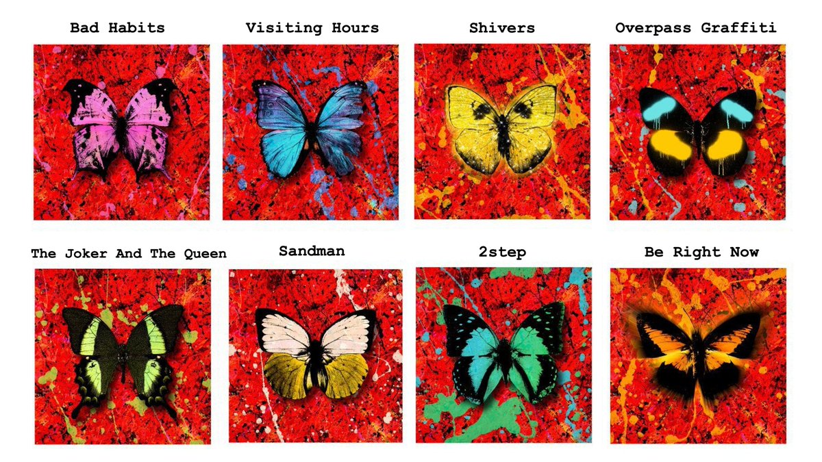 annie_aine's tweet photo. Por si a alguien le interesa saber a qué canción pertenece cada una de las mariposas del disco Equals (=) de Ed Sheeran 💙 #EdSheeran #EqualsAlbum https://t.co/XV2E3f4zOy