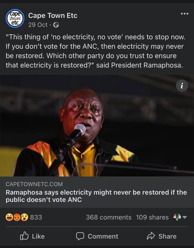 ZoneIn_Digital's tweet photo. @MYANC The ANC created this situation of no electricity. How stupid do you think we are. Anyway look at the latest vote outcome. People are waking up to your bullshit. https://t.co/7exJh1eX44