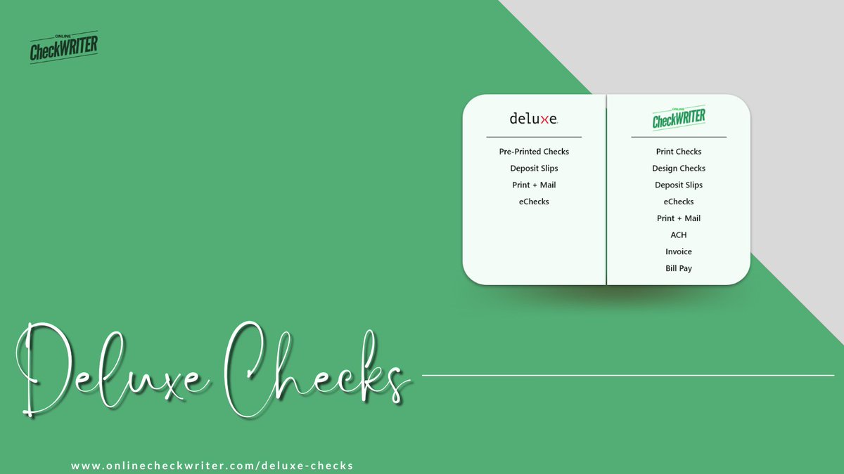 webcheckwriter's tweet photo. https://t.co/acfFO03iq7
The time has exceeded to shift from ordering pre-printed checks from Deluxe Checks to OnlineCheckWriter. Create customized checks and Print them on blank check stock using Online Check Writer and save up to 80%.
#DeluxeChecksPersonal #DeluxeChecksOrder https://t.co/jtQhgTwtRC