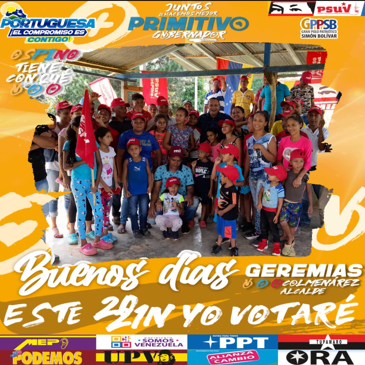 Muy buenos días para todas y todos
Que Dios ilumine este nuevo día, para seguir construyendo juntos el camino hacia la victoria #21Nov. 
Ospino Ya decidió y #Vota PSUV-GPPSB Geremias Colmenarez Alcalde y Primitivo Cedeño Gobernador

#OspinoTieneConQué🚩