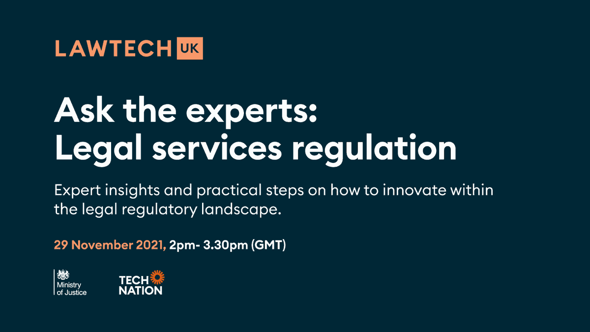 lawtech_uk's tweet photo. Want to better understand how legal regulators can help you innovate? Join us at our free, virtual session with expert speakers from across the legal services regulators and beyond. Register now >>> https://t.co/pZbXomHzV1 https://t.co/23Z7kamOPD