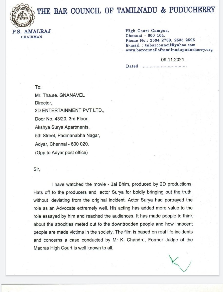 LiveLawIndia's tweet photo. Bar Council of Tamil Nadu and Puducherry applauds the director of "Jai Bhim" movie @tjgnan, actor @Suriya_offl and Justice Chandru for bringing "accolades to the legal profession" and showing the miseries of downtrodden.
#JaiBhim #JusticeChandru https://t.co/LAgx9VWcK4