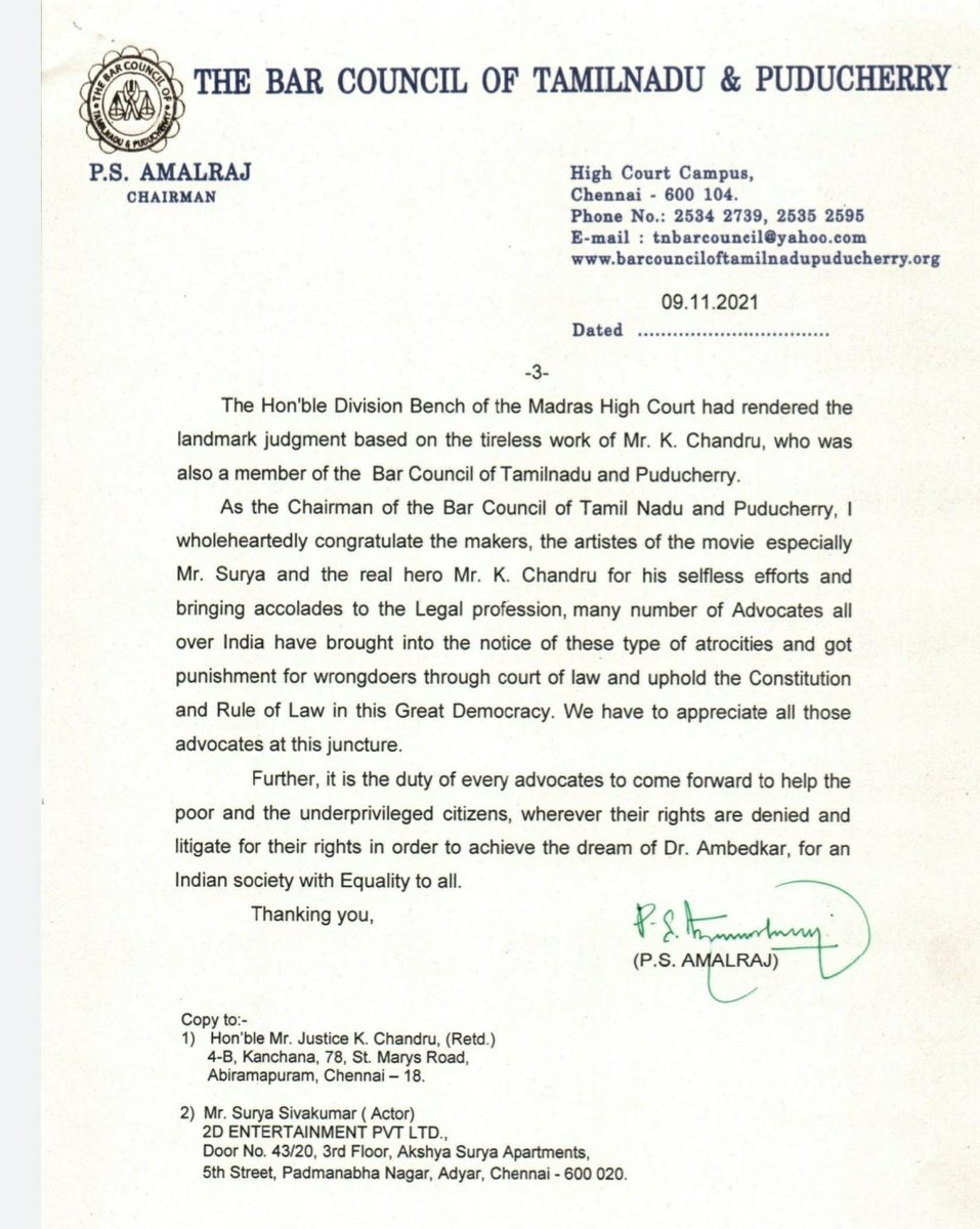LiveLawIndia's tweet photo. Bar Council of Tamil Nadu and Puducherry applauds the director of "Jai Bhim" movie @tjgnan, actor @Suriya_offl and Justice Chandru for bringing "accolades to the legal profession" and showing the miseries of downtrodden.
#JaiBhim #JusticeChandru https://t.co/LAgx9VWcK4