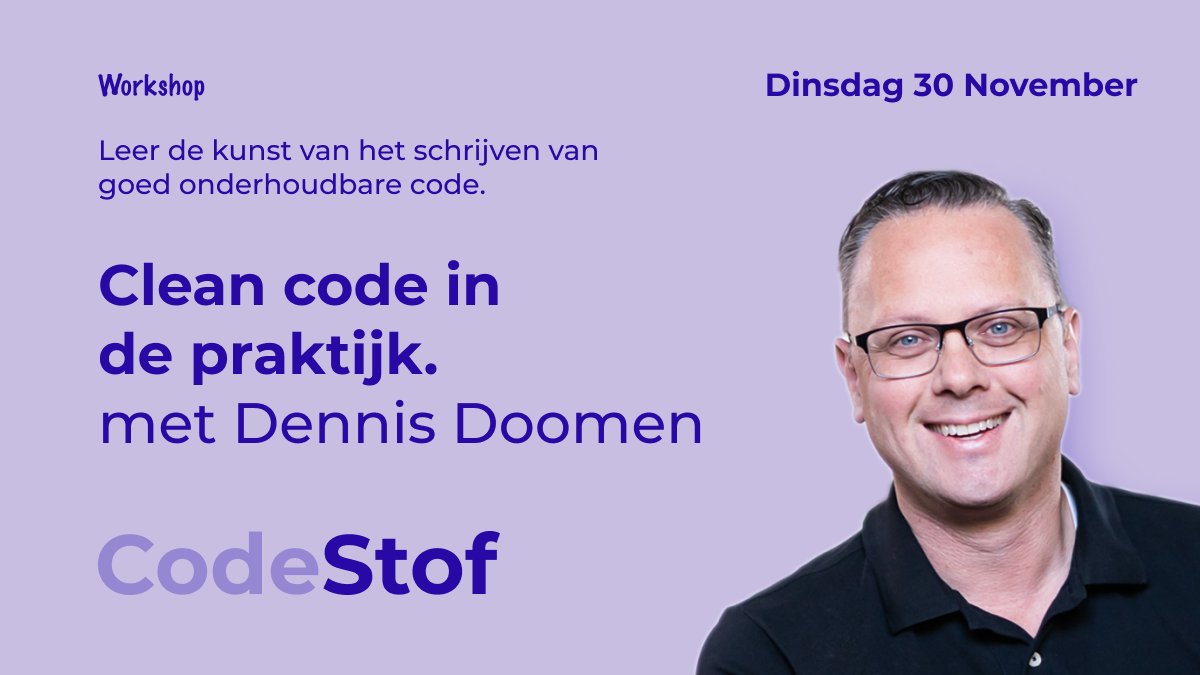 Hoe pas je clean code toe in de praktijk? Kom naar de workshop van <a href="/ddoomen/">Dennis Doomen</a> op 30/11 van 16-20 uur! Want niemand wil werken met code waarvan het niet duidelijk is wat het doet 🤷, wat het zou moeten doen en waarom het dat moet doen. 🆓 en inclusief 🍴!  bit.ly/codestof-30-nov