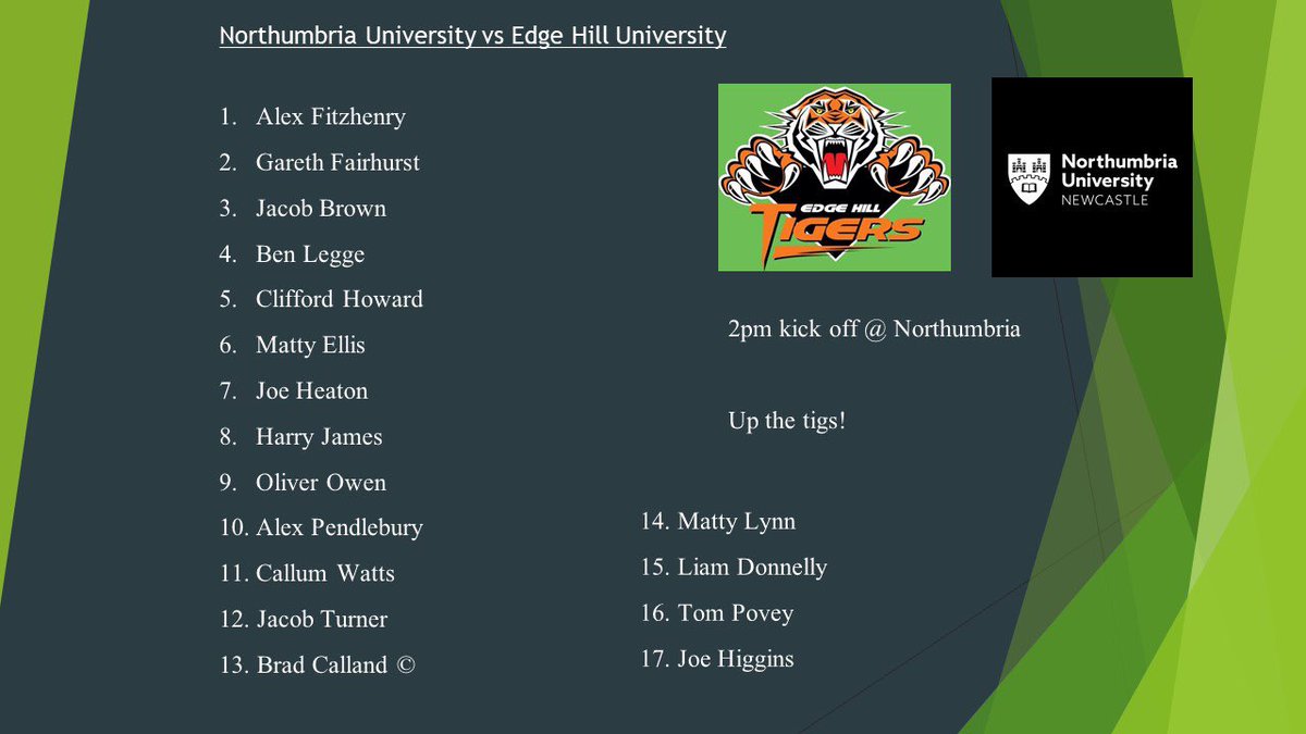 Team news for tomorrow’s game away at Northumbria. Big match for the lads after last weeks game being cancelled.

Up the carpool tigs 🐯💚