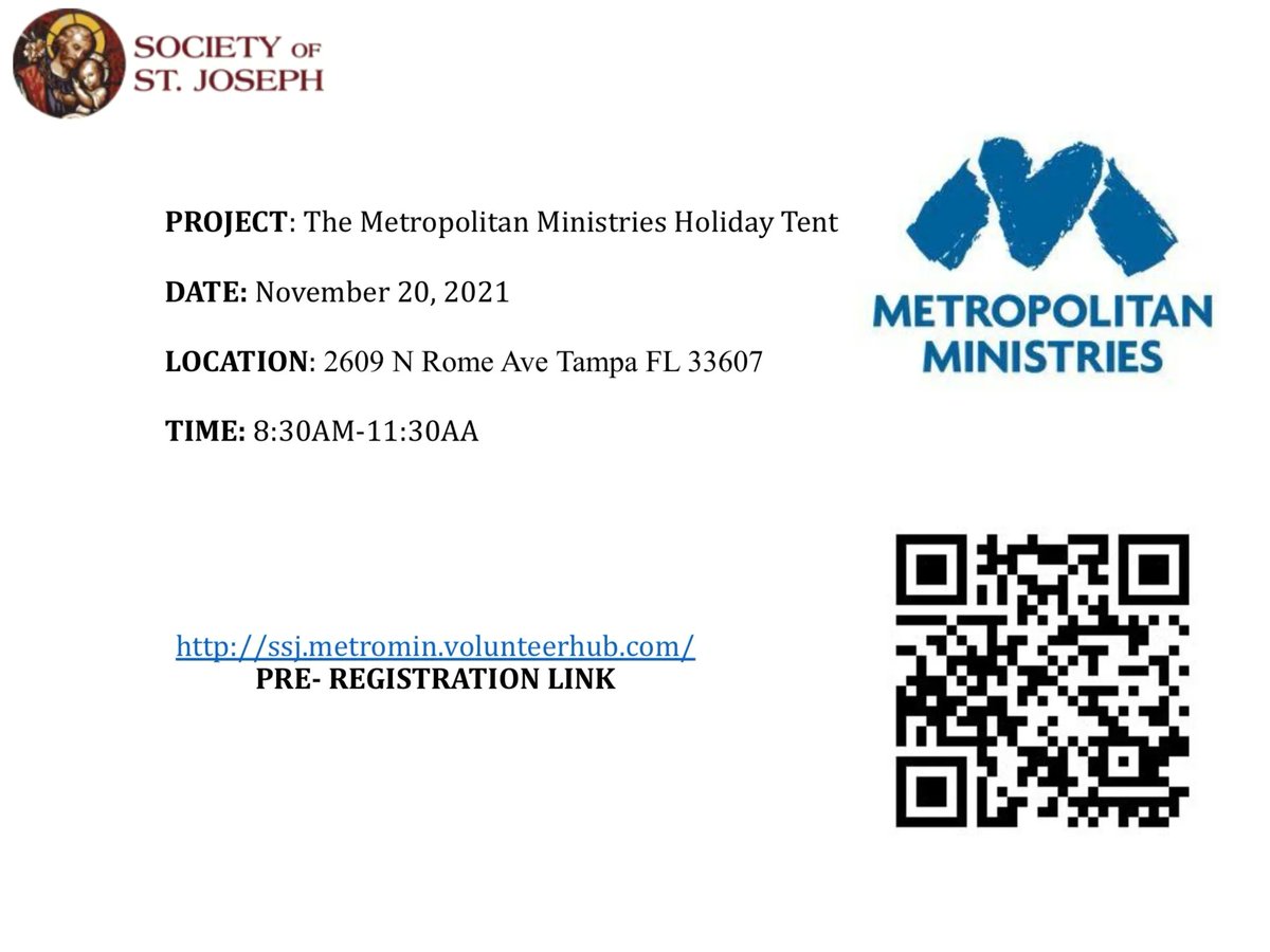 #WorksOfMercyALERT

Register TODAY to work the Metropolitan Ministries Holiday Tent

#SSJCTK #3Pillars #FaithFormation #FamilyLeadership #WorksOfMercy #YearOfStJoseph #TMIY #AllThingsNew @ctktampa