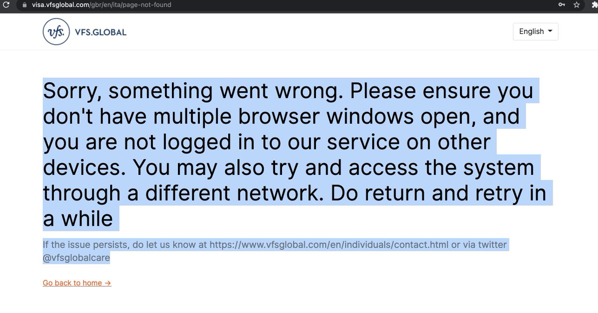 MV010113's tweet photo. @vfsglobalcare Been trying to book an appointment in London for a business visa. Keep getting this error. Tried it on different browsers (Safari, Chrome, Edge), different platforms (Mac, Mobile), and different networks. Please take a look. https://t.co/DtKdGw86b0