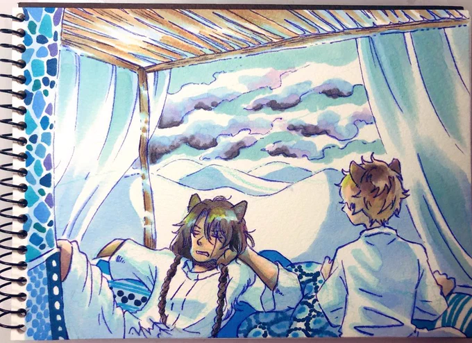 こっちはサバナのふたり脳内で勝手に夕焼けの草原(キャラクターの出身地)に砂漠があるだろうなって思ってたけど、きっとそうじゃなくて砂漠が私の中の原風景かなにかなのだろうねって言ってもらえてなるほどねって思ったりしました、砂漠、よく描いてる〜!あと海! 