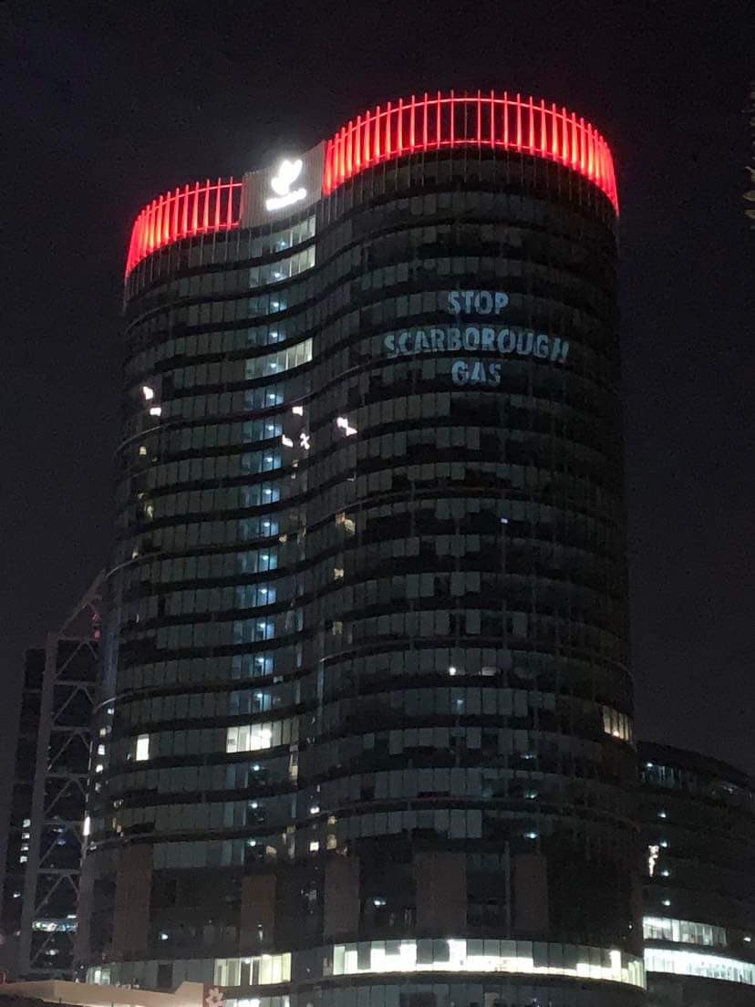 An unmistakeable cry for help on the Woodside building tonight in Perth. Someone on the inside must realise that Scarborough Gas and its 1.7 billion tons of CO2 is bad bad news! #climateprojections