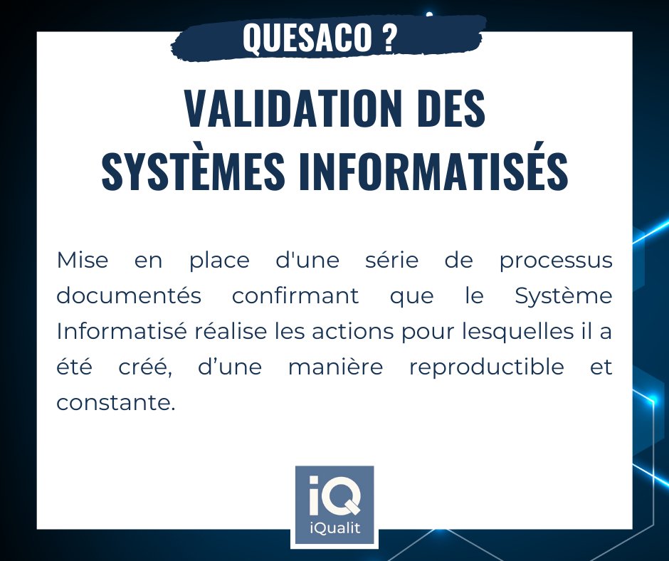 #Quesaco 

💻La Validation des Systèmes Informatisés : quel est son rôle ? 

🎯 L'objectif principal est de prouver, grâce à des processus documentés, que le Système est conforme et stable. 

✔ Les activités peuvent être assurées en toute sécurité.

#VSI #CSV #LifeSciences