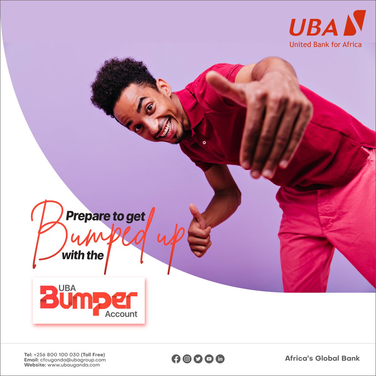 UBAUganda's tweet photo. Prepare to get Bumped up with the UBA Bumper Account.
An affordable account that's tailored to your needs.
#BumperAccount #GetBumped
#AfricasGlobalBank #UBABumperAcccount https://t.co/2v9Nq1Qbnj