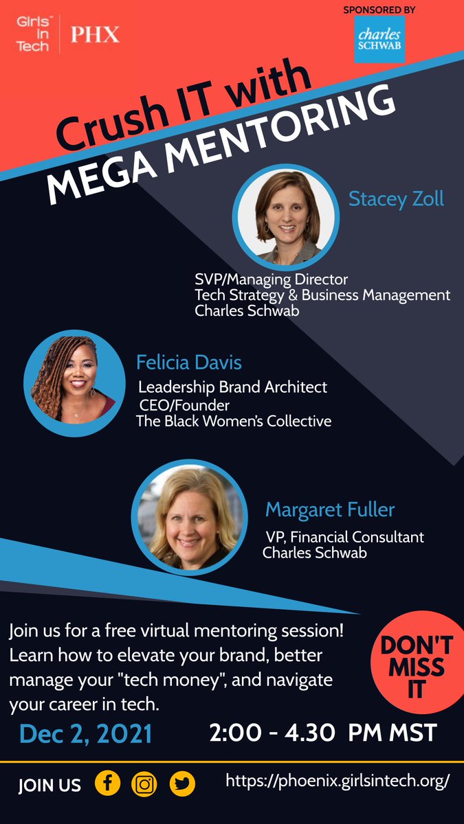 GirlsInTechPHX's tweet photo. Join us for a FREE #GirlsInTech virtual mentoring session sponsored by @CharlesSchwab. Learn about personal branding, managing your "tech money" and navigating a career in #tech. Register here: https://t.co/gJSfxS0Pcu https://t.co/qLDvSLn512