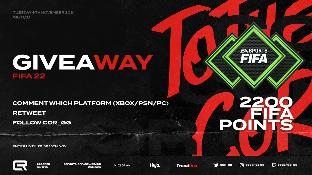 GIVEAWAY
To celebrate the FC team getting off to a good start this season we will be giving away a code for 2200 FIFA points! To enter:

FOLLOW <a href="/CoR_GG/">CodeRed Gaming</a>
RETWEET
COMMENT your preferred platform (Xbox/PSN/PC)

Closing: 23:59 GMT 15th Nov 2021

T&amp;Cs: bit.ly/3qk7PnX