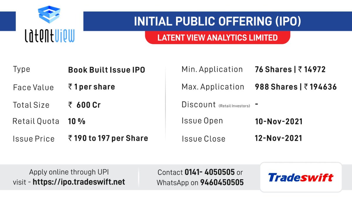 tradeswift's tweet image. IPO Update ⏰

Latent View Analytics Limited |  10 Nov - 12 Nov 2021

Tradeswift Recommendation: Subscribe for Decent Listing Gains

You can apply online through UPI - ipo.tradeswift.net

#LatentViewAnalytics #IPO