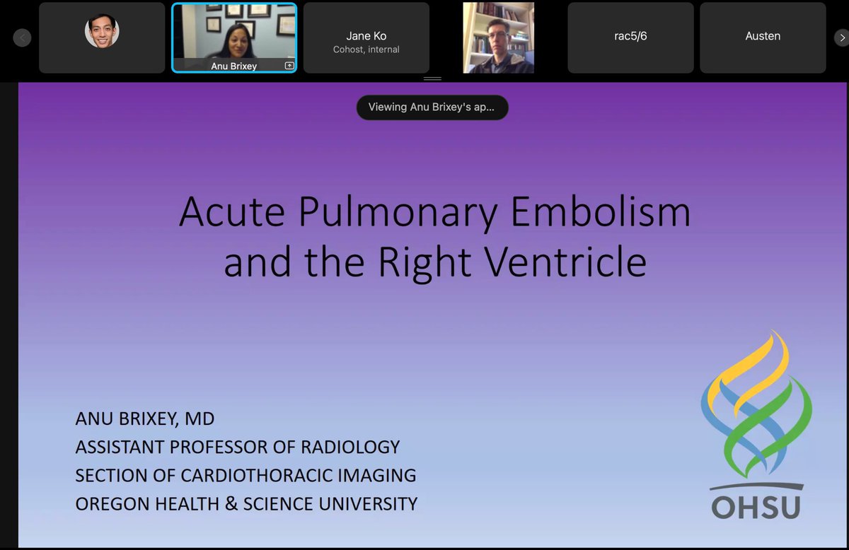 For yesterday’s visiting professor series, we were honored to have @BrixeyAnu from @OHSURadiology teach us about acute PE and the importance of the RV. ❤️🫁Thank you for your sharing your time and expertise! What a great way to celebrate #IDoR2021! #radiology #radres @NYUImaging