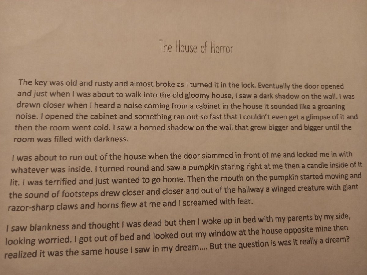 Miss_Quinn_MA's tweet photo. 1E1 creative writing with a focus on sensory language #Creative #Senses #Atmopshere #Tension #Halloween๐คก๐ป ๐ https://t.co/DvEmHhxT5a