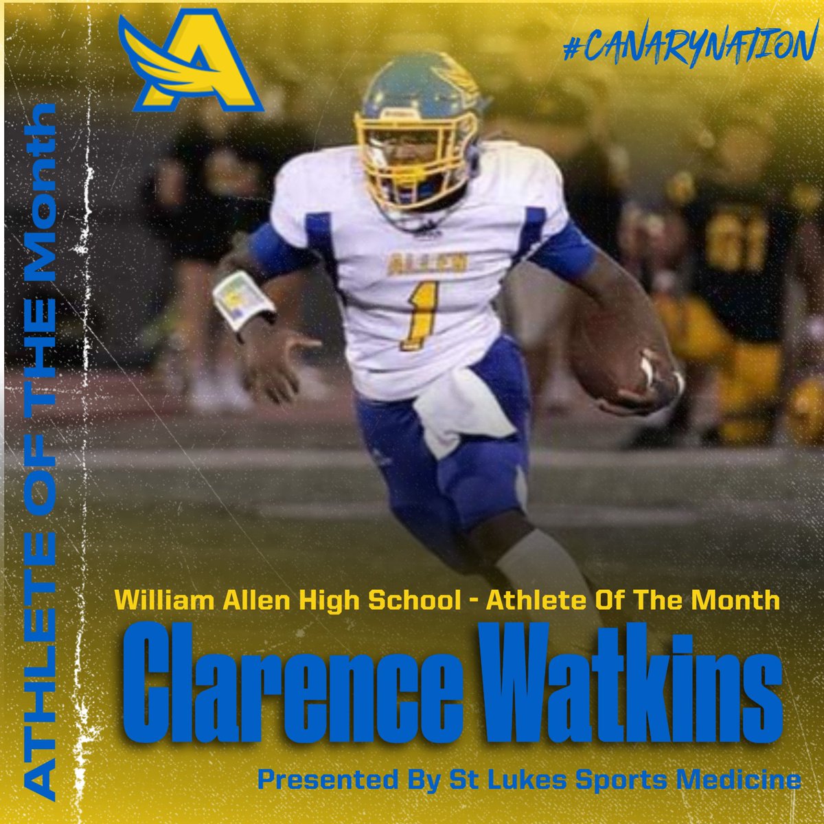 CanaryAthletics's tweet photo. 🏈🟡🔵Congratulations to @CanaryTouchdown Junior Quarterback Clarence Watkins on not only being named to the EPC All Area Team but Clarence has also been chosen as the @mystlukes @CanarySportsMed  Sports Medicine Team's Student-Athlete of the Month for October!  
#CanaryNation https://t.co/H0Yb2jXBaj