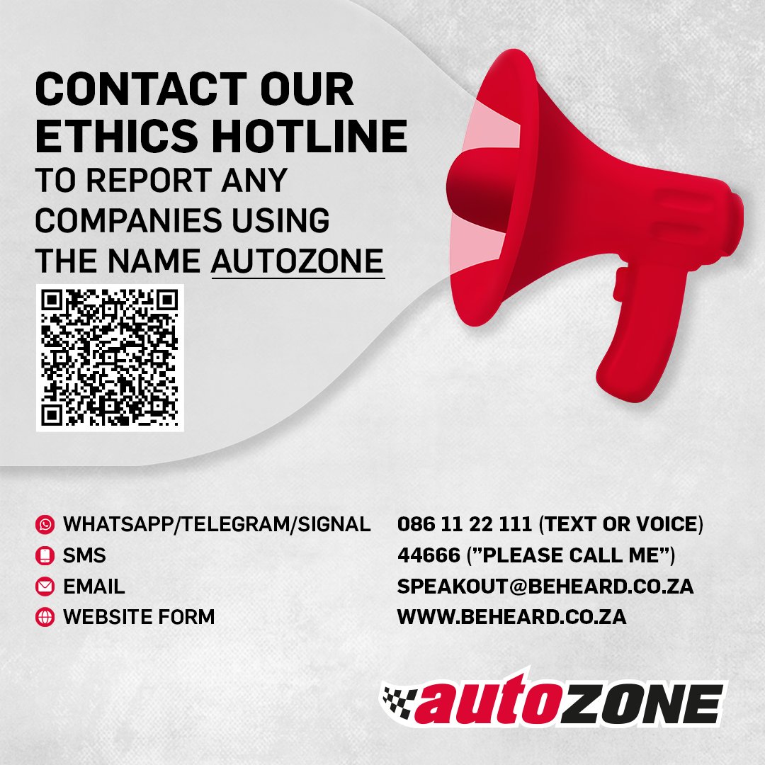AutoZoneSA's tweet photo. If you see someone who is posing as us, AutoZone South Africa, and who are falsely selling auto parts, please can you kindly report them to our ethics hotline as soon as possible. https://t.co/z6U61PNzJf