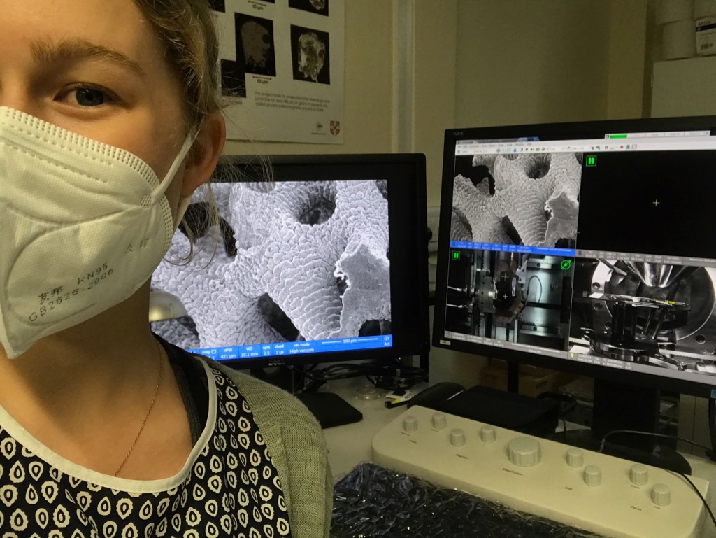 Madi’s work is helping build a picture of how environment affects #coral growth. 

In the electron microscope image below you can see marks left by the laser used to analyse the coral's chemistry: giving a picture of how they grow under different environments. #SciArt #SciComm