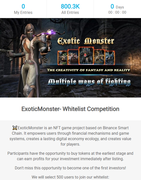 ExoticMonsteNFT's tweet photo. The winners of the ExoticMonster pre-sale whitelist have been selected!
🏆The announcement address of the top 500 
📑whitelisted winners: https://t.co/Mg3I3XHrGN
📌Please pay attention to our pre-sale time on the dxsale platform: 14:00, November 10th, UTC⏰ https://t.co/gUAd8FjCdT