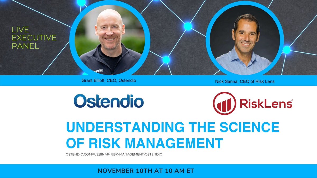 Ostendio's tweet photo. Join us tomorrow at 10am for a live exec panel discussion about risk management. Does your company have a risk management program? Do you need help getting one started or have questions about timing/cost?  All questions welcome!
https://t.co/C86EqmtwQ4
#risk #riskmanagement #data https://t.co/nUv249NWhr