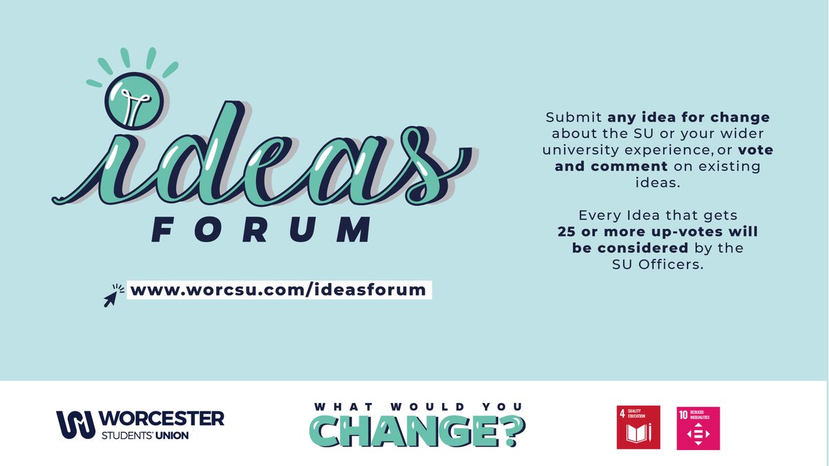worcsu's tweet photo. Got a new and exciting idea that you think would improve your experience at the student's Union or the university?

Any student idea can have an impact...

Head over to the Ideas Forum on our website to submit your ideas today! - https://t.co/JSFISY47bz https://t.co/q6MqqOcckz