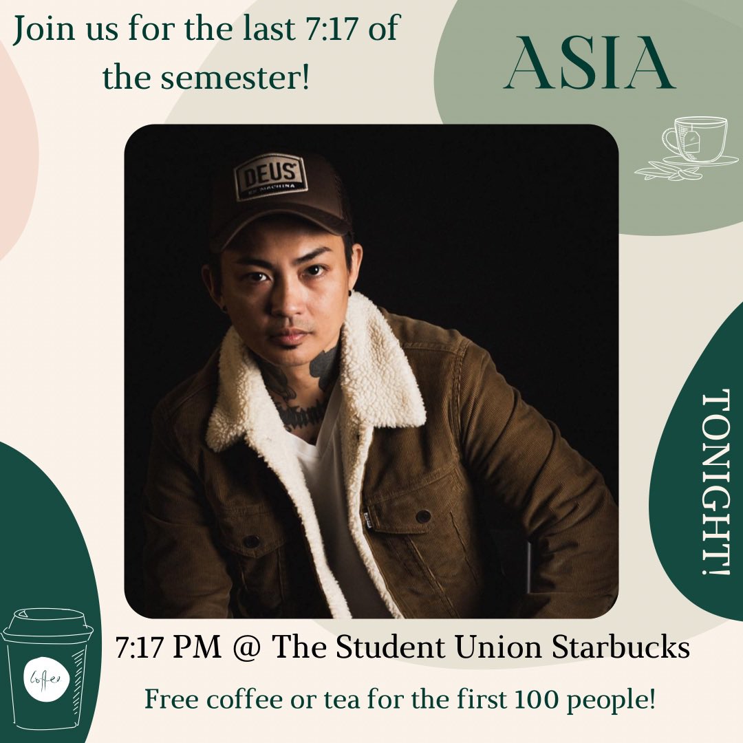 uaRHPB's tweet photo. TONIGHT! Our last 7:17 of the semester. Join us at 7:17 PM at the Student Union Starbucks! First 100 people to show up get free coffee or tea! https://t.co/dfXczqPjht