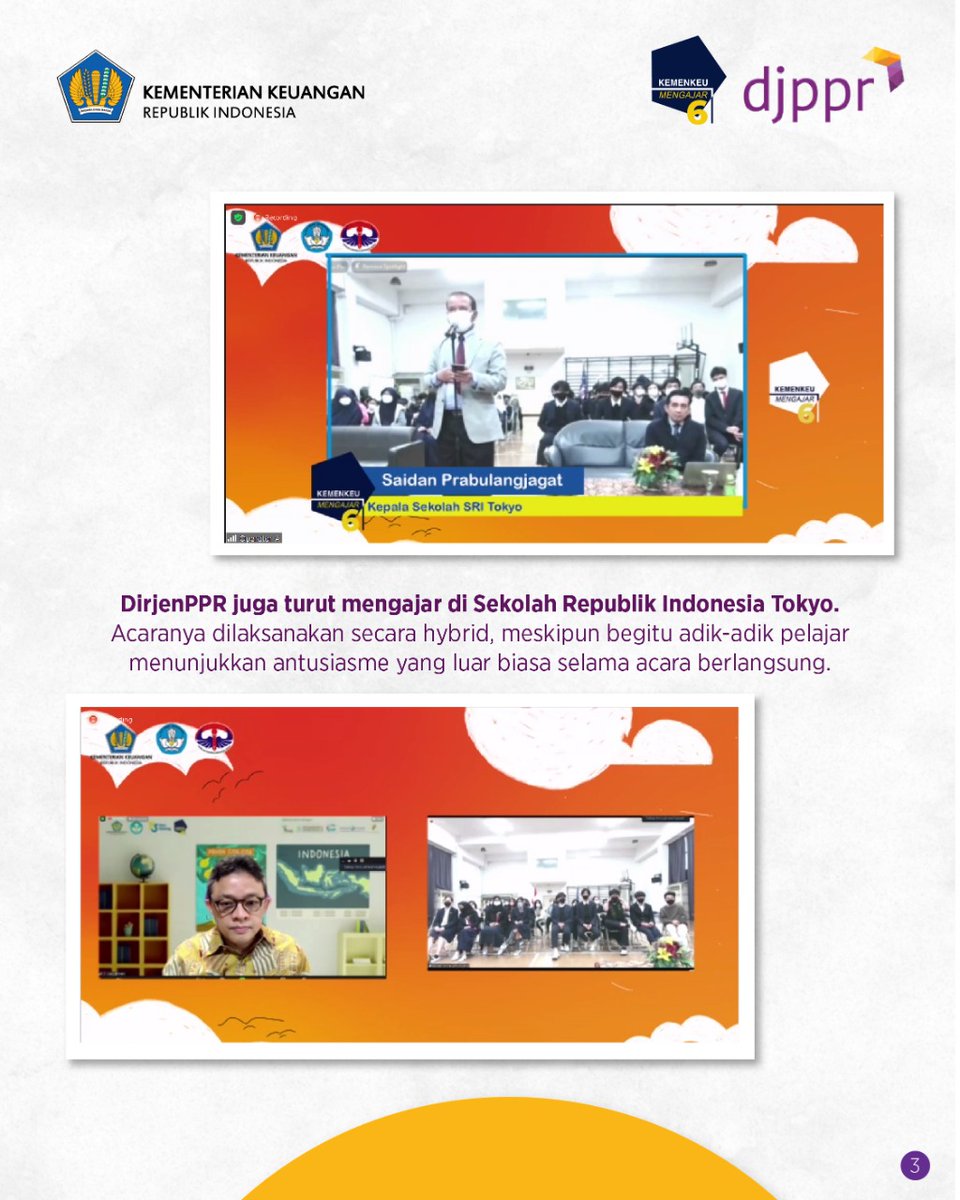 DJPPRkemenkeu's tweet photo. Kegiatan ini menghadirkan lebih dari 2300 relawan di 342 sekolah yang ada di penjuru Indonesia dan di 10 Sekolah Indonesia Luar Negeri di 6 Negara lho!
#DirjenPPR, Luky Alfirman, juga ikut mengajar di Sekolah Republik Indonesia Tokyo. Simak keseruannya yuk! >> https://t.co/Evmhs92w4P