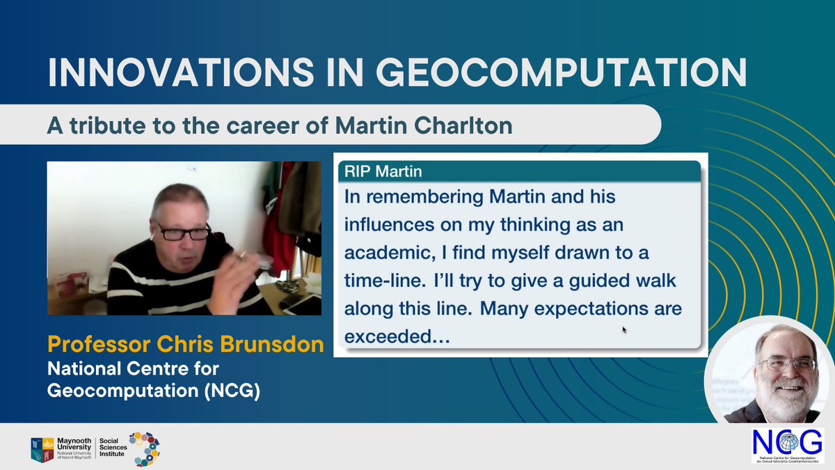 MU__SSI's tweet photo. Our Tribute to the career and life of @martin_charlton is opened by his friend and colleague @chrisbrunsdon @NCG_Maynooth #innovationsingeocomputation #geocomputation #rememberingmartin @MaynoothUni @Maynoothgeog https://t.co/qqGtnKE2lb