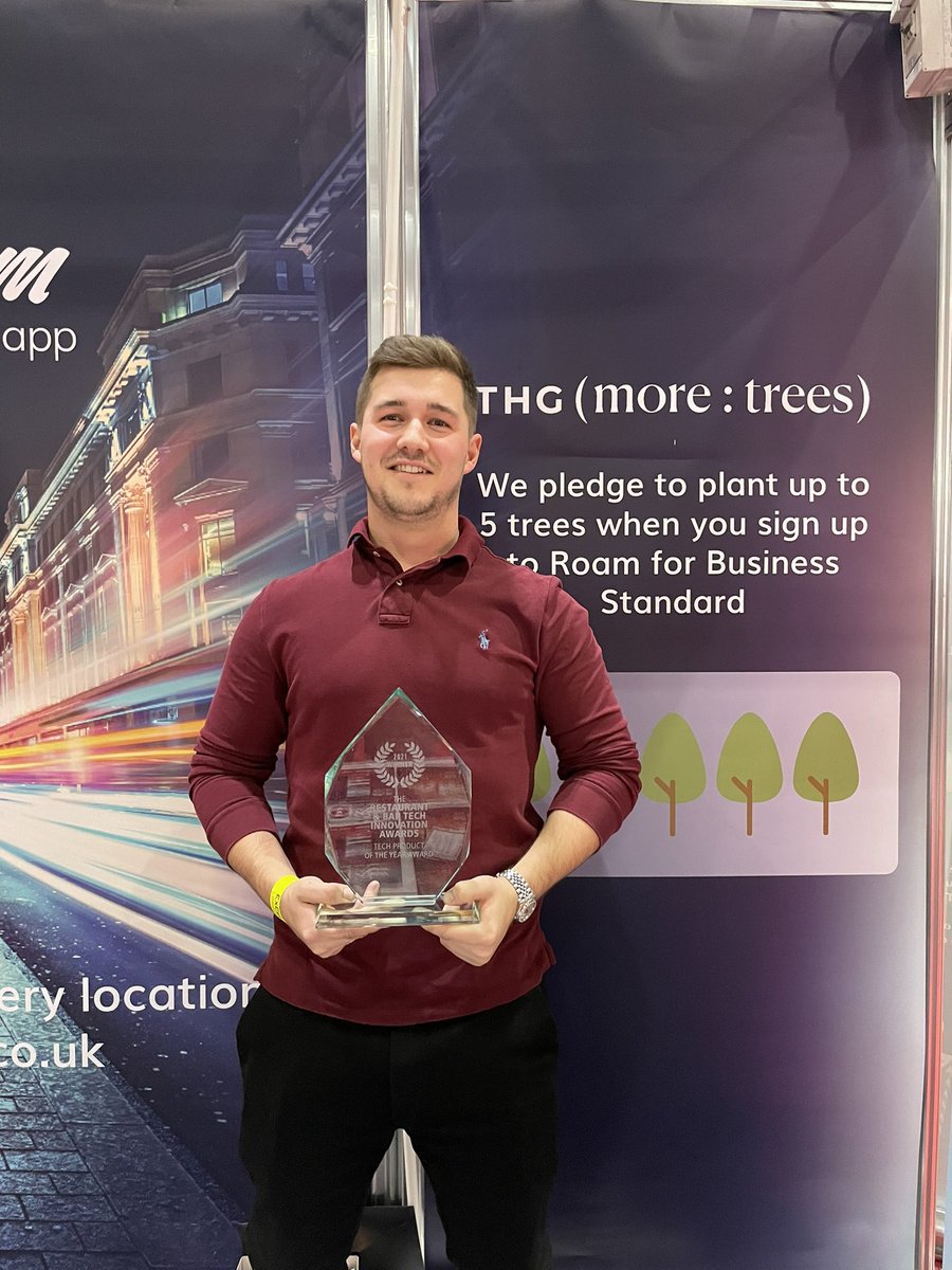 So proud to see the Roam Local app win its 3rd award: just added the ‘Restaurant &amp; Bar Tech Innovation of the Year’ award to the trophy cabinet! #innovation #tech #restaurant #ShopLocal #RTIE21 #RoamLocal