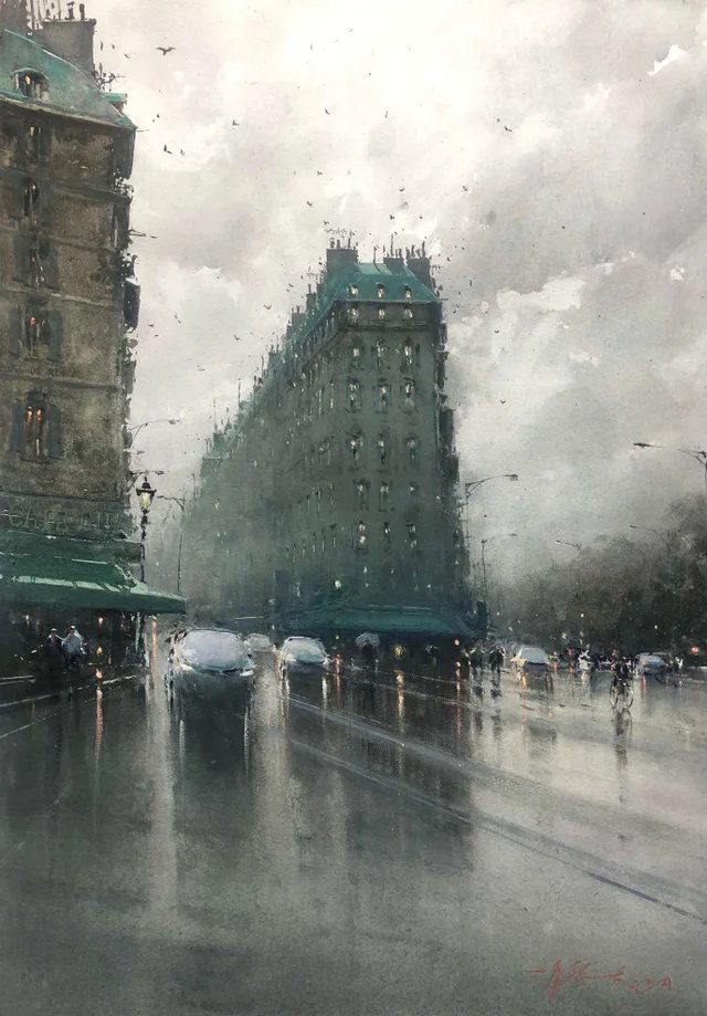 "Paris on a Rainy Day" Joseph Zbukvic, watercolor on paper, 2021